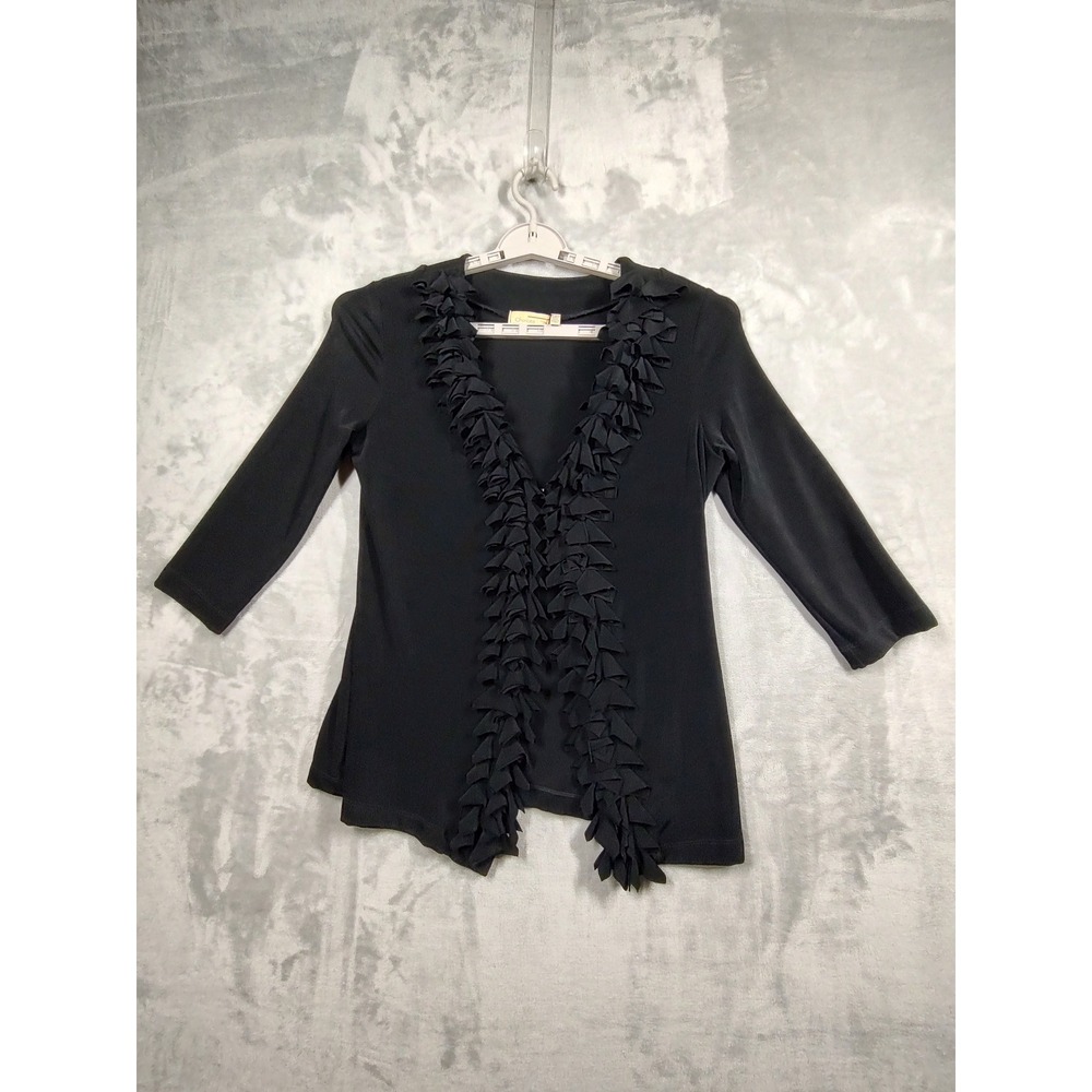 Choices Womens Ruffle Trim Open Front Cardigan Black 3/4 Sleeve JSLR0186 Small